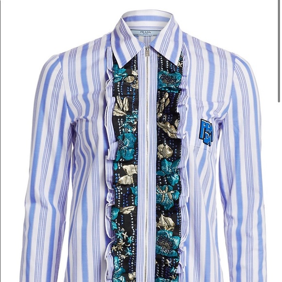 PRADA STRIPE ZIP-UP RUFFLE SHIRT - Picture 2 of 6